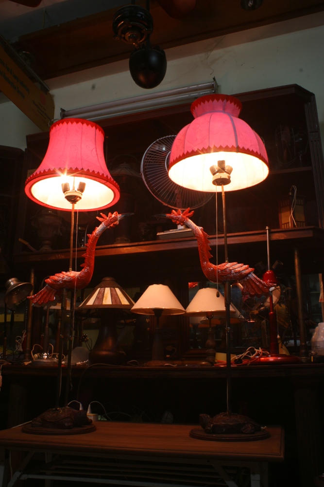 Rare wooden Turtles crane floor lamp with copper leg